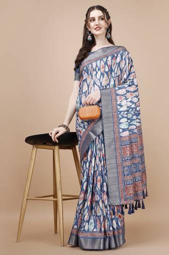 Blue Ethnic Motifs Digital Printed Tussar Silk Blend Saree