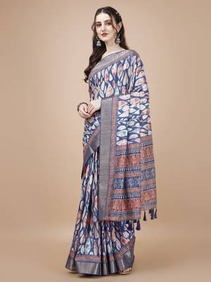 Blue Ethnic Motifs Digital Printed Tussar Silk Blend Saree 2