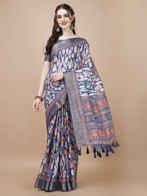 Blue Ethnic Motifs Digital Printed Tussar Silk Blend Saree 3