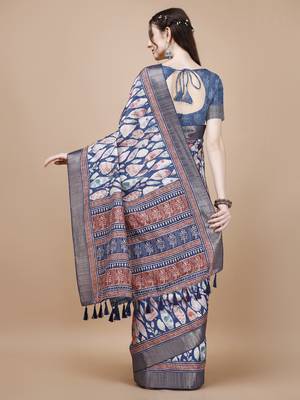 Blue Ethnic Motifs Digital Printed Tussar Silk Blend Saree 4