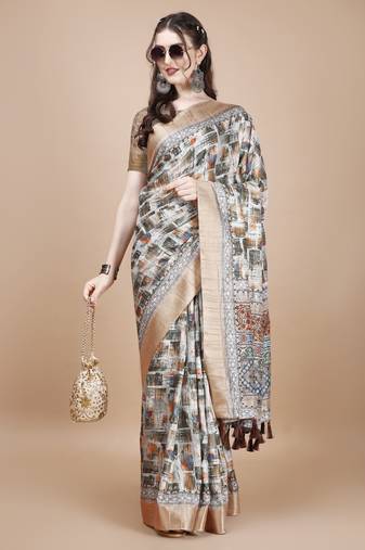Cream Digital Printed Tussar Silk Blend Saree