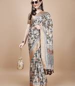 Cream Digital Printed Tussar Silk Blend Saree