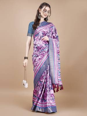 Pink Digital Printed Tussar Silk Blend Saree 1