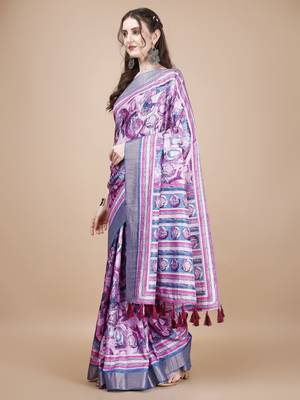 Pink Digital Printed Tussar Silk Blend Saree 2