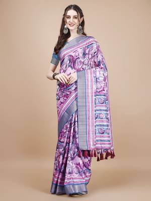 Pink Digital Printed Tussar Silk Blend Saree 3