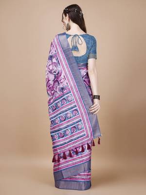 Pink Digital Printed Tussar Silk Blend Saree 4