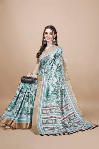 Teal Digital Printed Tussar Silk Blend Saree