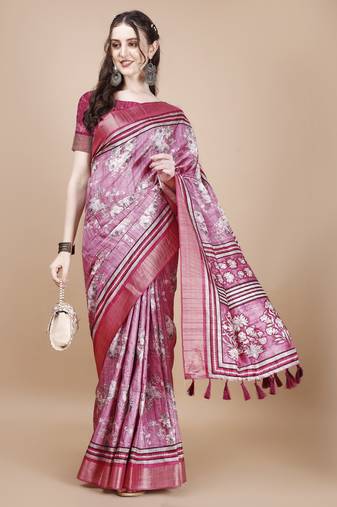 Pink Floral Digital Printed Tussar Silk Blend Saree