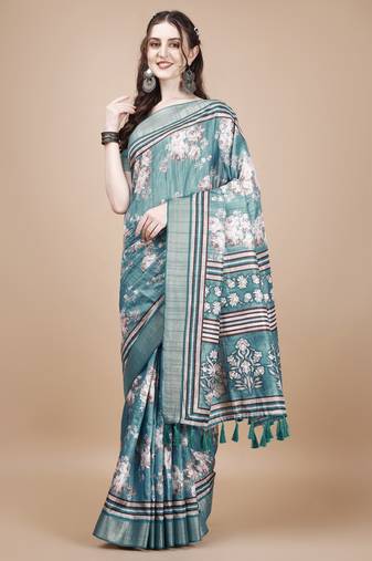 Teal Floral Digital Printed Tussar Silk Blend Saree