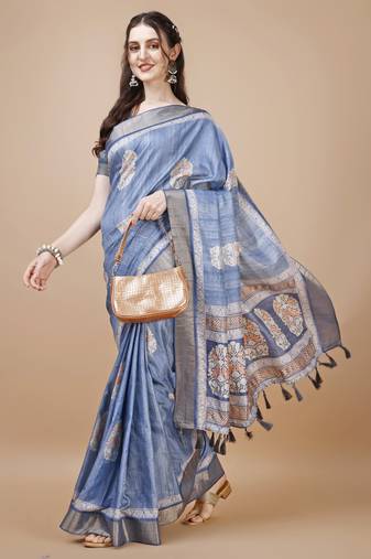 Blue Ethnic Motifs Digital Printed Tussar Silk Blend Saree