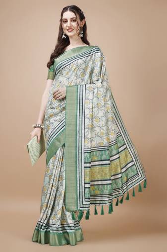Green Floral Digital Printed Tussar Silk Blend Saree