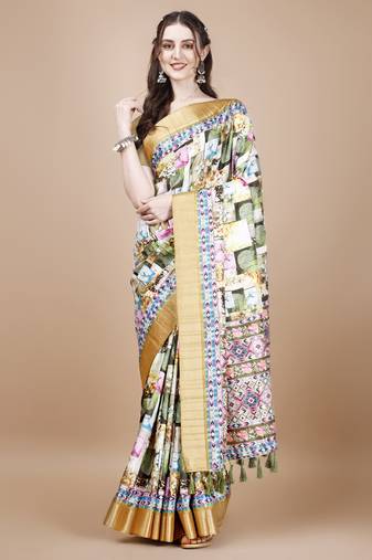 Multicolor Floral Digital Printed Tussar Silk Blend Saree