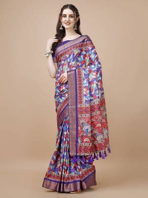 Purple Digital Printed Tussar Silk Blend Saree 2
