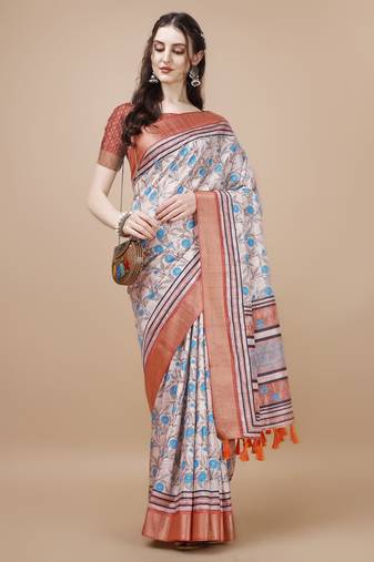 Red Floral Digital Printed Tussar Silk Blend Saree