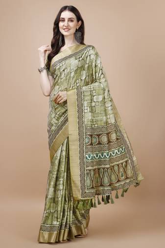 Green Digital Printed Tussar Silk Blend Saree