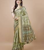 Green Digital Printed Tussar Silk Blend Saree