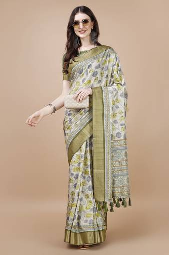 Green Floral Digital Printed Tussar Silk Blend Saree