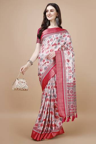 Red Floral Digital Printed Tussar Silk Blend Saree