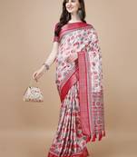 Red Floral Digital Printed Tussar Silk Blend Saree