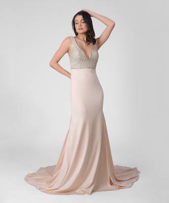 Pink pearl bead & crystal hand embroidered mermaid gown 3