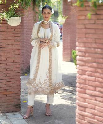Ivory gold marori beads & sequin hand embroidered kurta set 1