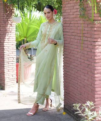 Pista green marori beads & sequin hand embroidered kurta set 1