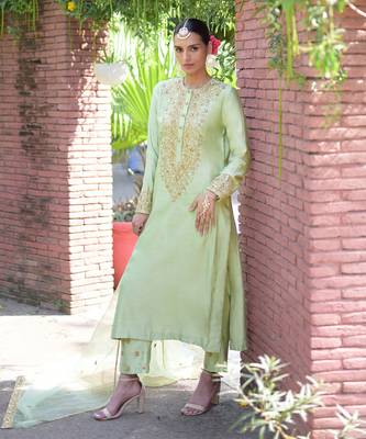 Pista green marori beads & sequin hand embroidered kurta set 2