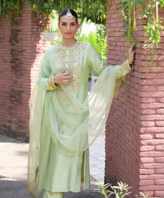 Pista green marori beads & sequin hand embroidered kurta set 3