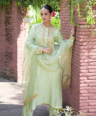Pista green marori beads & sequin hand embroidered kurta set 4