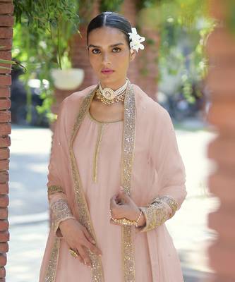 Oyster pink gold marori beads & sequin hand embroidered kurta set 1