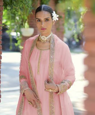Pressed rose gold marori beads & sequin hand embroidered kurta set 1