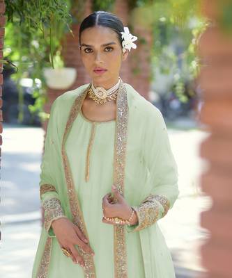 Sage green gold marori beads & sequin hand embroidered kurta set 1