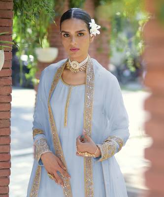 Dusty blue gold marori beads & sequin hand embroidered kurta set 1