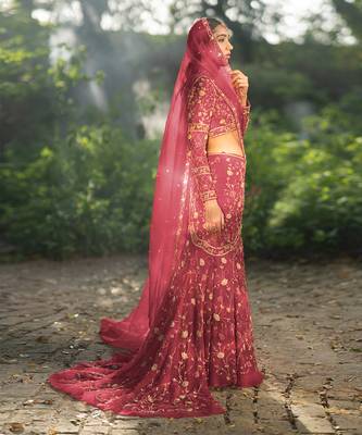 Rose Wine Zardosi Hand Embroidered Lehenga Set 2