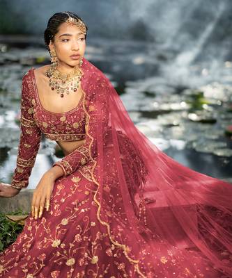 Rose Wine Zardosi Hand Embroidered Lehenga Set 1