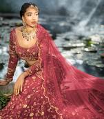 Rose Wine Zardosi Hand Embroidered Lehenga Set