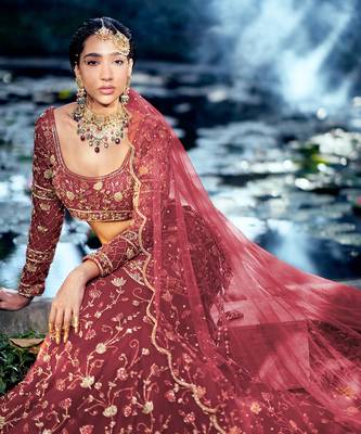 Rose Wine Zardosi Hand Embroidered Lehenga Set 3