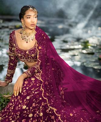 Peacock Pink Zardosi Hand Embroidered Lehenga Set 1
