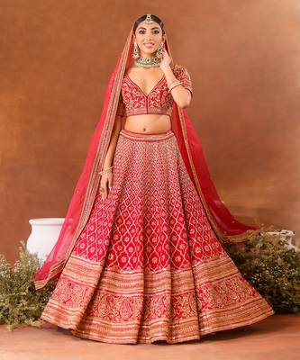 Red Sequin & Zardosi Hand Embroidered Lehenga Set 1