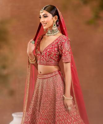 Red Sequin & Zardosi Hand Embroidered Lehenga Set 3