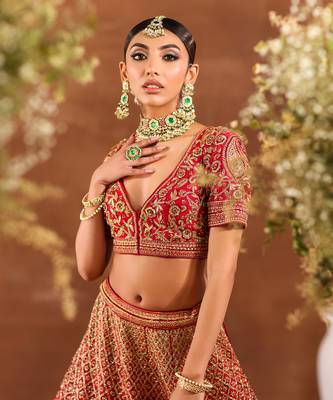 Red Sequin & Zardosi Hand Embroidered Lehenga Set 4