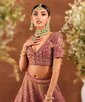 Deep Rosewood Sequin & Zardosi Hand Embroidered Lehenga Set 2
