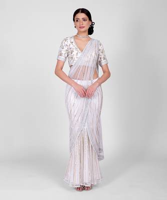 White shower sequin & beads hand embroidered saree set 1