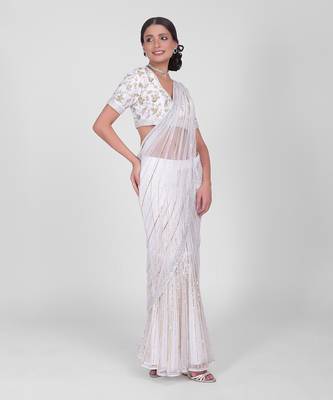 White shower sequin & beads hand embroidered saree set 2