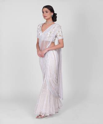 White shower sequin & beads hand embroidered saree set 3