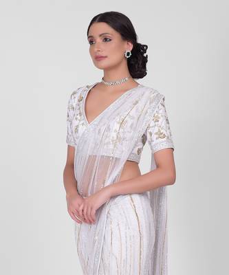 White shower sequin & beads hand embroidered saree set 4