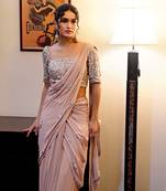 Metal chakra pink hand embroidered pre-draped saree set