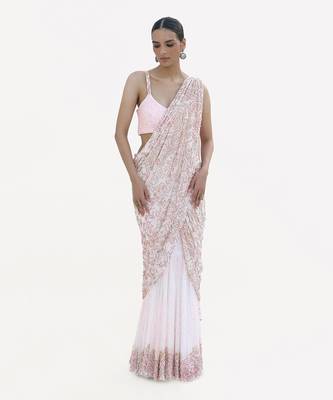 Sea shells white-pink hand embroidered draped saree set 1