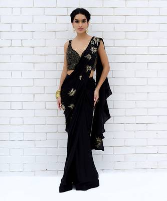 Black starburst beads & sequin hand embroidered saree with blouse 1
