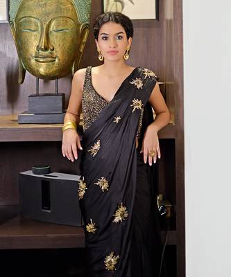 Black starburst beads & sequin hand embroidered saree with blouse 3